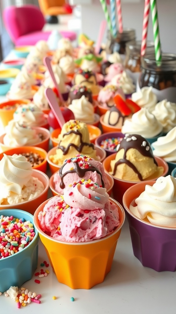 An ice cream bar with bowls of ice cream and a variety of toppings including sprinkles, fruits, and syrups.